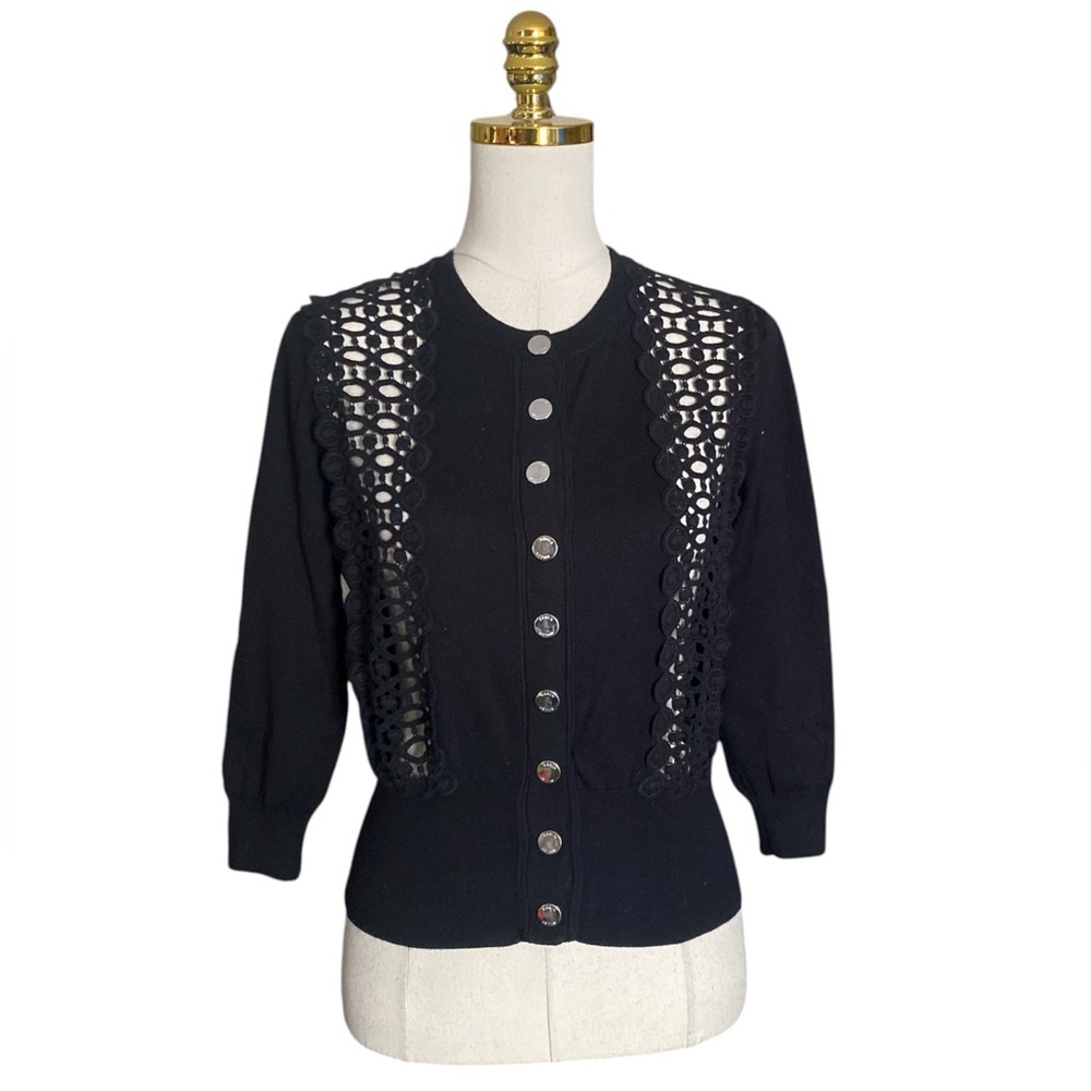Karen Millen Women 4 Black Cotton Blend Lace Cutout 3/4 Sleeve Button Cardigan